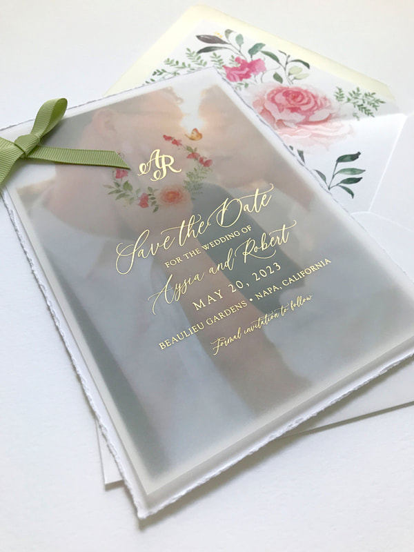 Aysia & Robert's Beaulieu Gardens Save the Date with Gold Foil Stamped Vellum