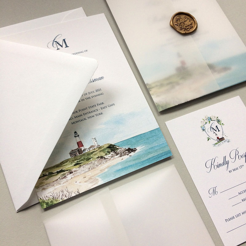 Claire and Matthew's Montauk Wedding Invitation with vellum jacket and hand stamped wax seal