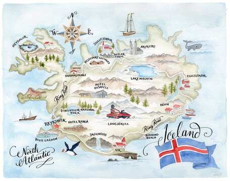 Iceland watercolor travel map