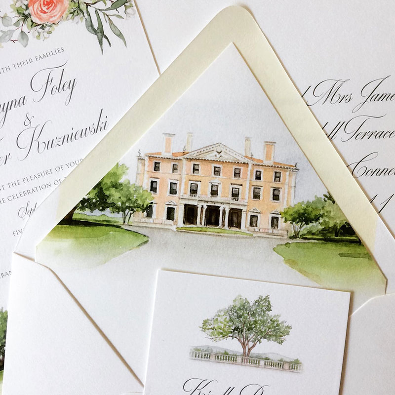 Sleepy Hollow Country Club Invitation with watercolor envelope liner